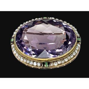 Victorian 14K Gold Amethyst & Pearl Brooch With Inlaid Stones